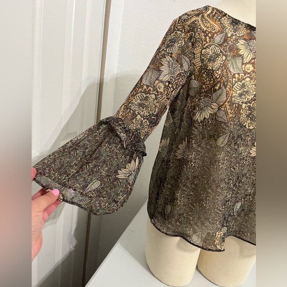 ZARA Paisley Brown Sheer Blouse Ruffle Bell Sleeves Size Medium Fairy 70’s flare - Picture 2 of 5
